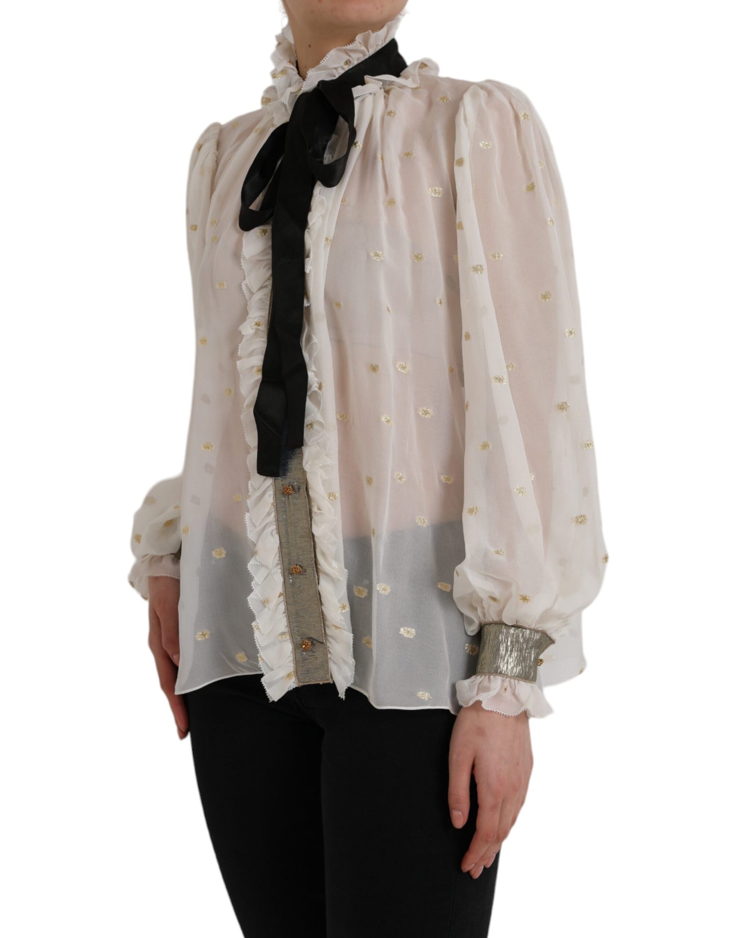 Dolce &amp; Gabbana Off White Silk Blend Ascot kauluspusero