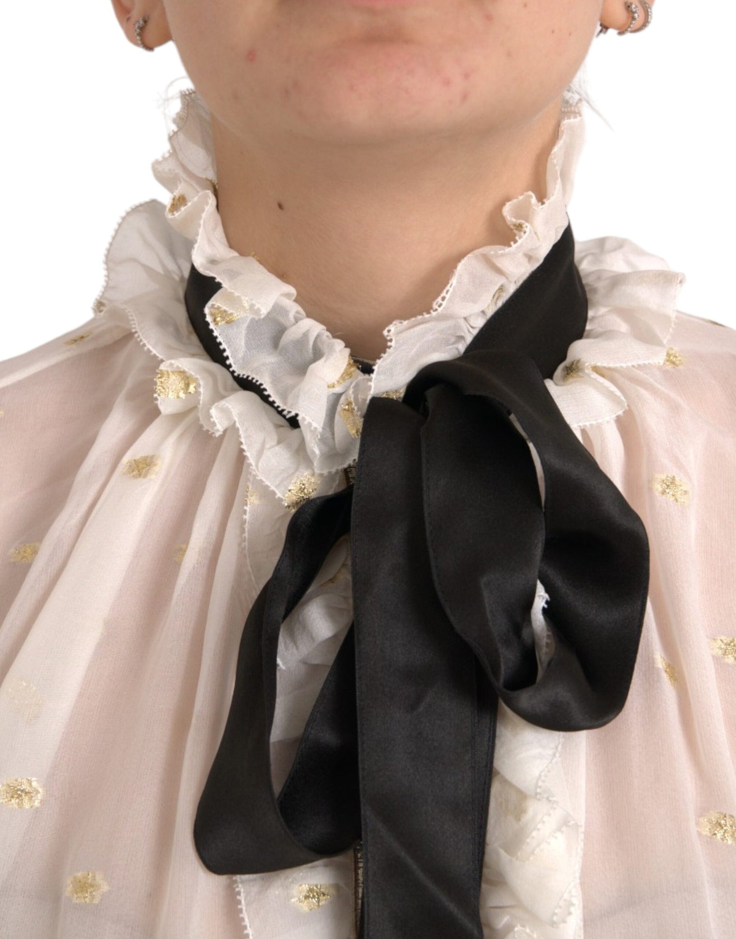 Dolce &amp; Gabbana Off White Silk Blend Ascot kauluspusero