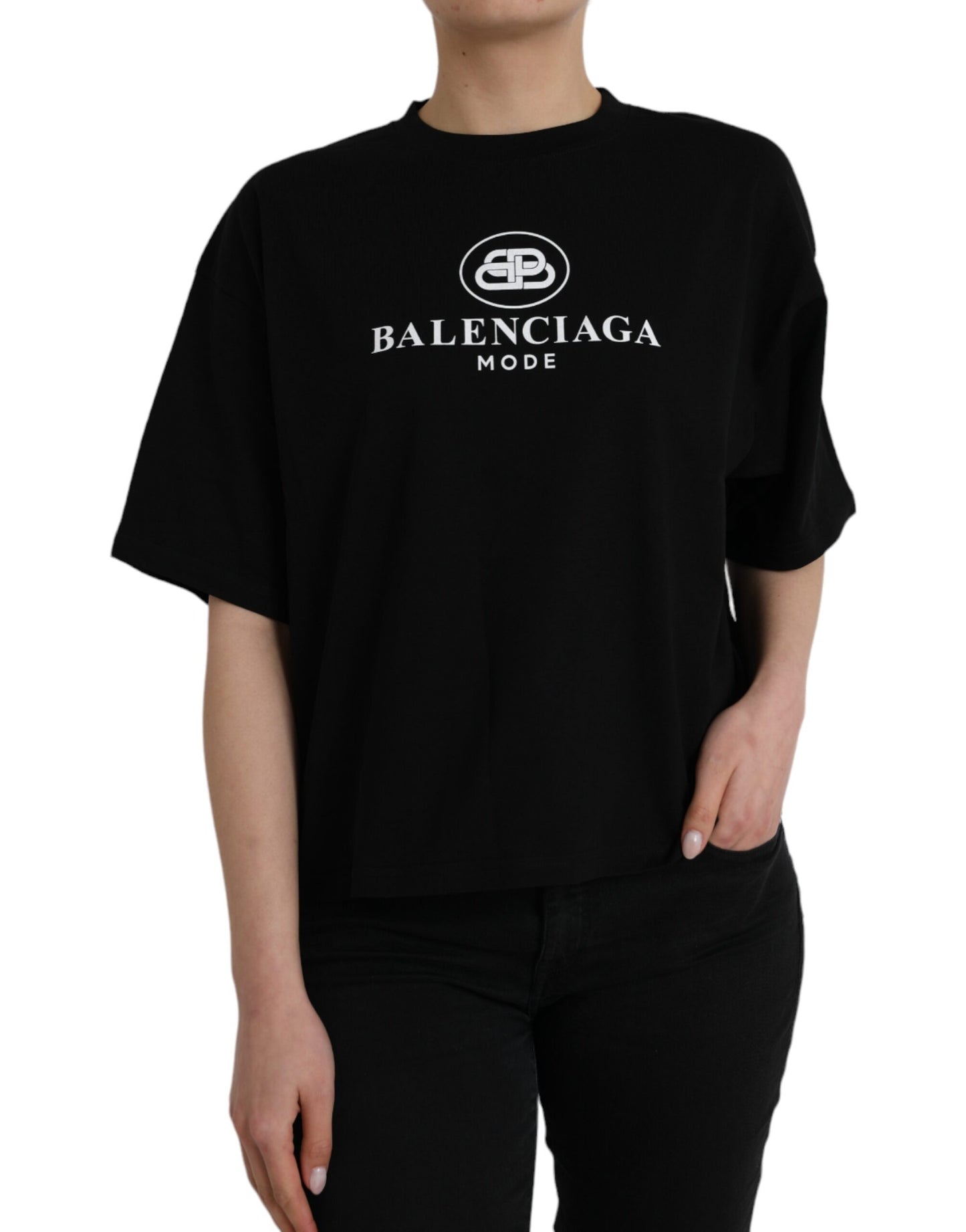 Balenciaga Black Cotton Logo Crew Neck lyhythihainen T-paita