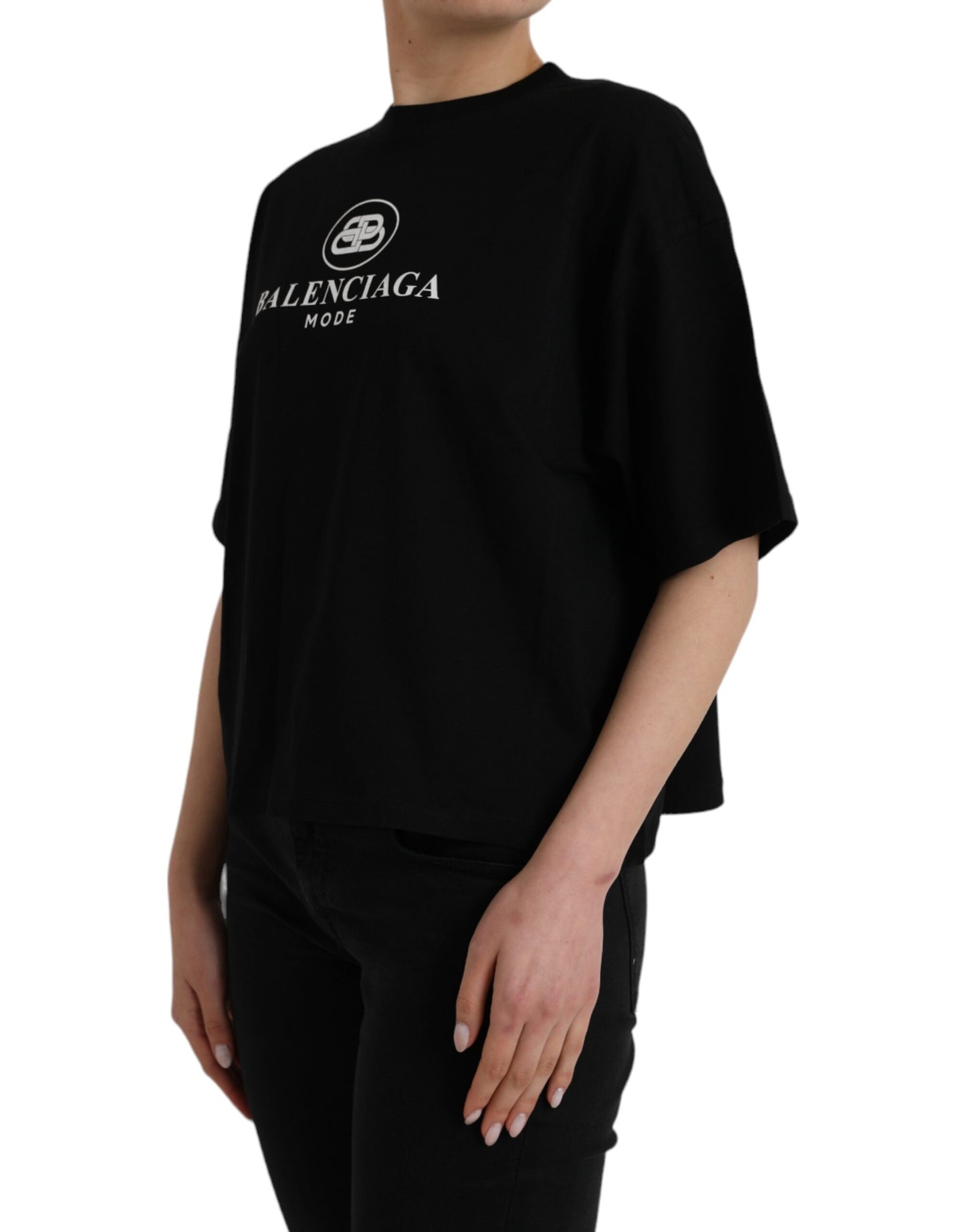 Balenciaga Black Cotton Logo Crew Neck lyhythihainen T-paita