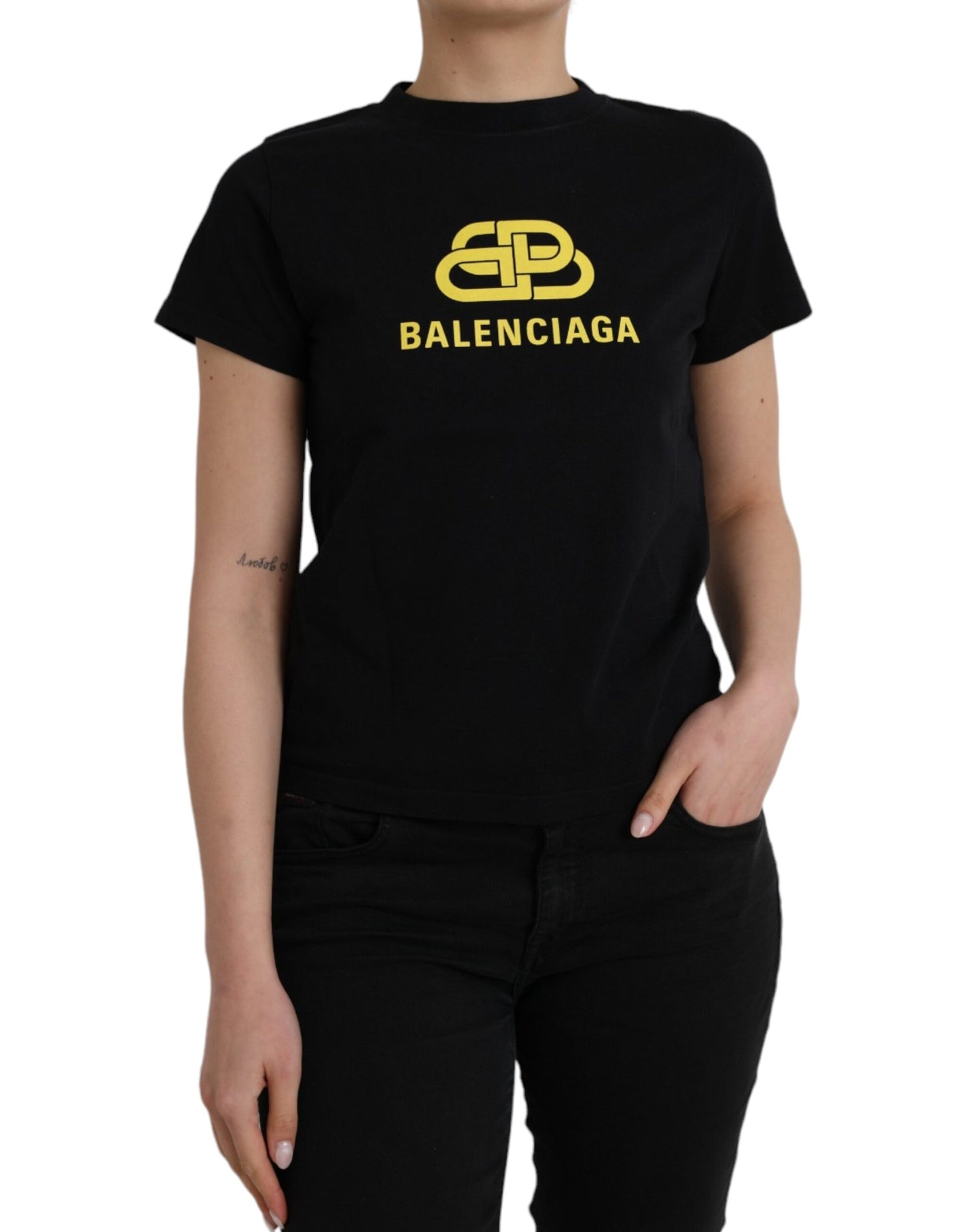 Balenciaga Schwarzes T-Shirt mit Rundhalsausschnitt und kurzen Ärmeln aus Baumwolle mit Logodruck