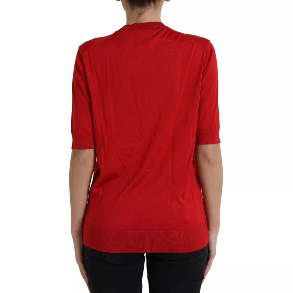 Dolce &amp; Gabbana Red Silk Crewneck lyhythihainen villapaita