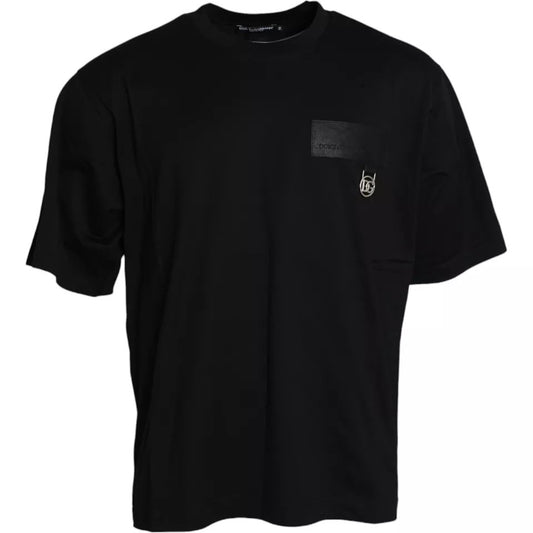 Dolce &amp; Gabbana Black Logo Patch Cotton Crew Neck T-paita