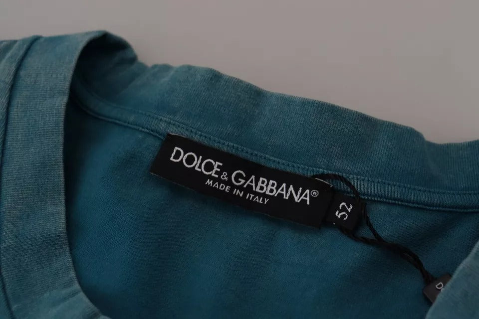 Dolce &amp; Gabbana Blue Logo Print Crewneck Tee Cotton T-shirt