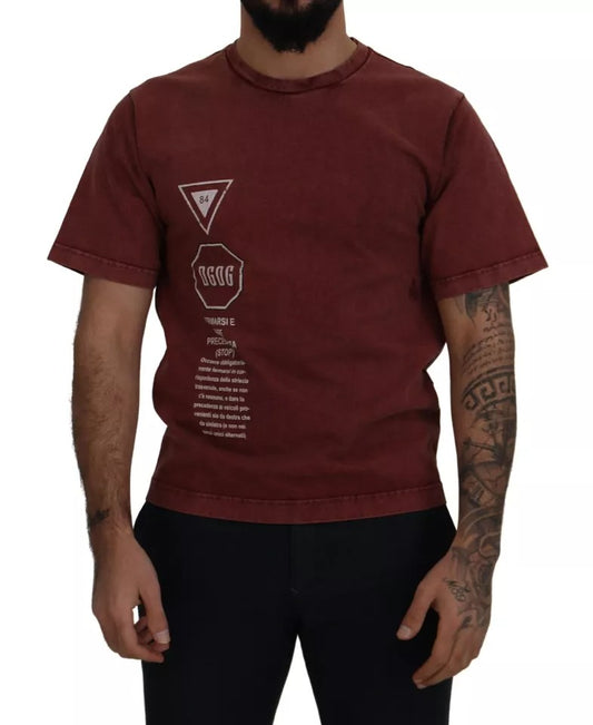 Dolce &amp; Gabbana Maroon Printed Crew Neck T-paita Puuvillainen T-paita