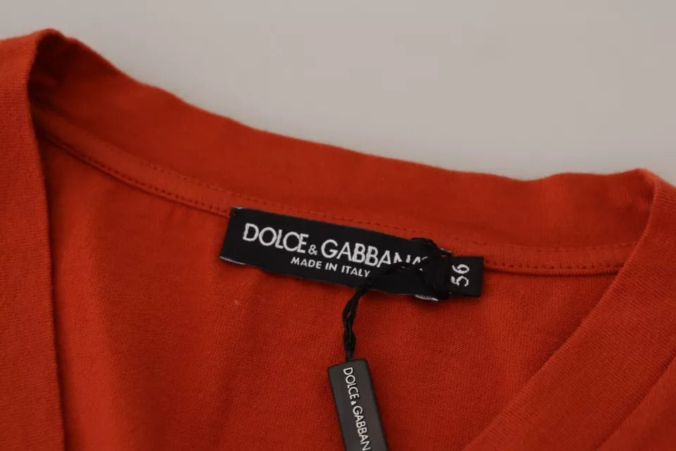 Dolce & Gabbana Rotes Baumwoll-T-Shirt mit Logo-Stickerei und Rundhalsausschnitt