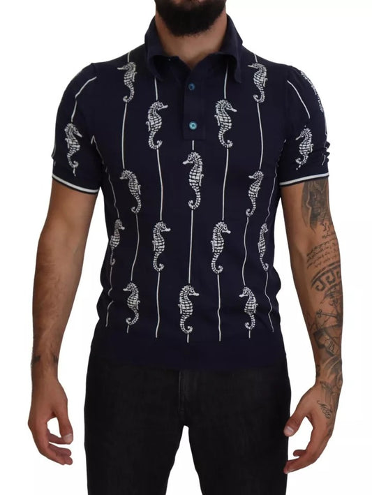 Dolce & Gabbana Dunkelblaues Seepferdchen-Polo-T-Shirt mit Kragen