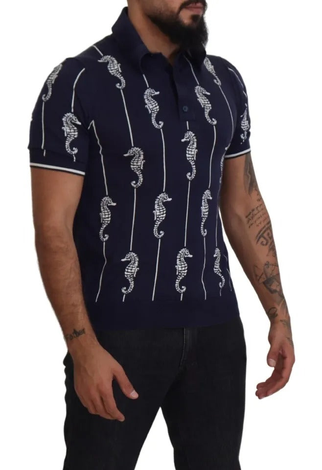 Dolce & Gabbana Dunkelblaues Seepferdchen-Polo-T-Shirt mit Kragen