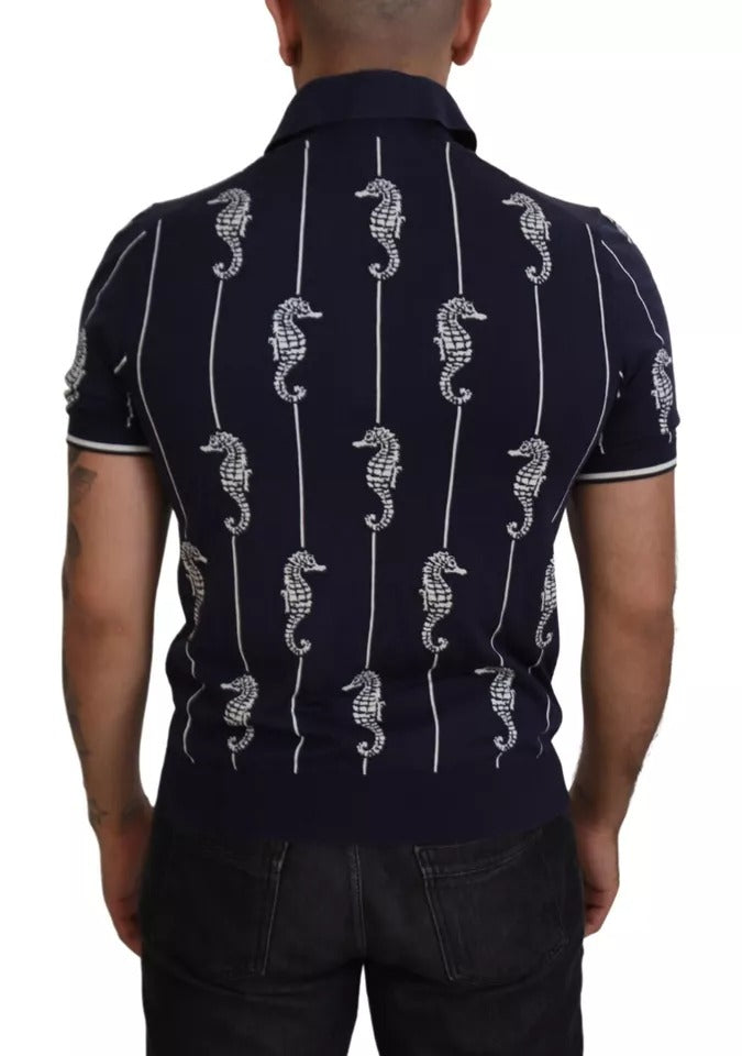 Dolce & Gabbana Dunkelblaues Seepferdchen-Polo-T-Shirt mit Kragen