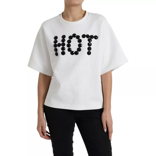 Dolce &amp; Gabbana White Cotton Black HOT Crystal Top T-paita