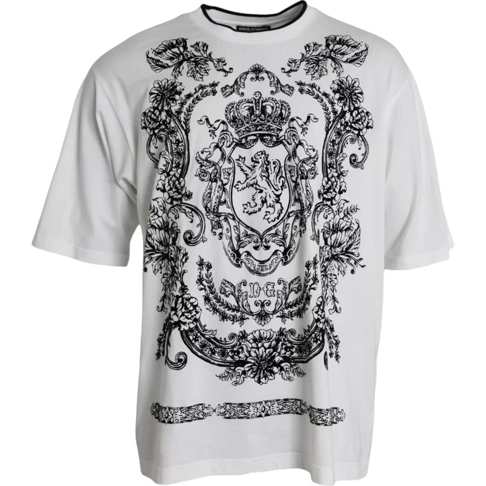 Dolce &amp; Gabbana White Cotton Crew Neck T-Shirt with Lion Crown