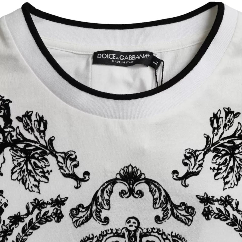 Dolce &amp; Gabbana White Cotton Crew Neck T-Shirt with Lion Crown