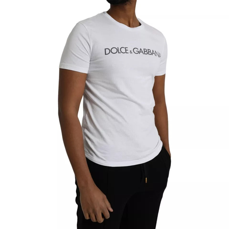 Dolce &amp; Gabbana White Logo T-Shirt with Round Neck and Short Sleeves in Cotton