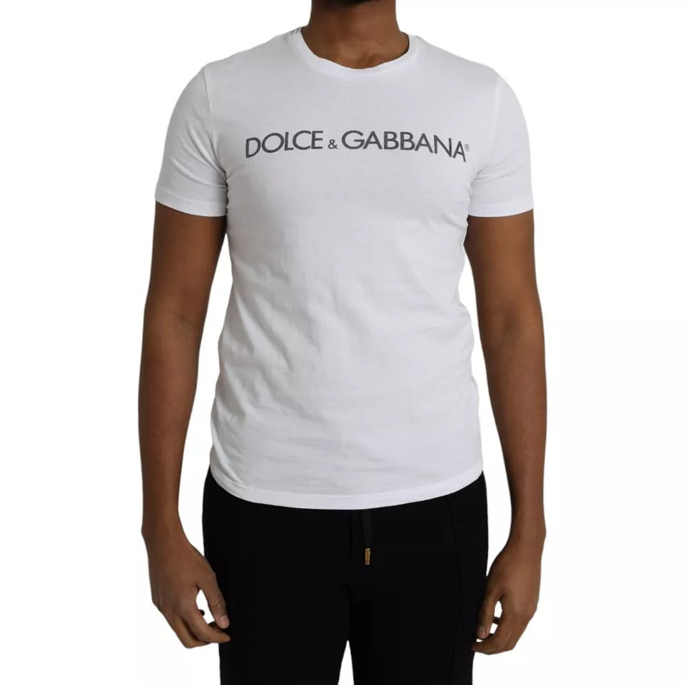 Dolce &amp; Gabbana White Logo T-Shirt with Round Neck and Short Sleeves in Cotton