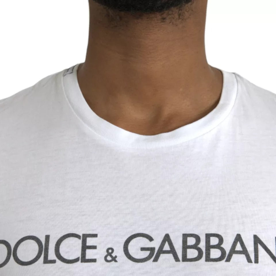 Dolce &amp; Gabbana White Logo T-Shirt with Round Neck and Short Sleeves in Cotton