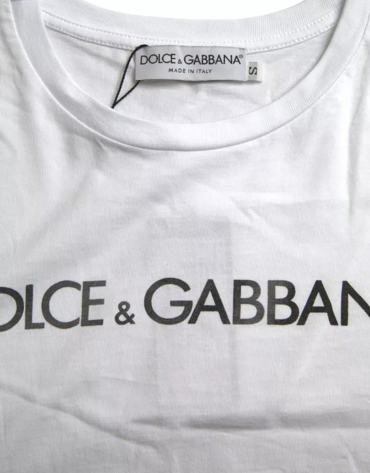 Dolce &amp; Gabbana White Logo Print Cotton Round Neck Men's T-Shirt