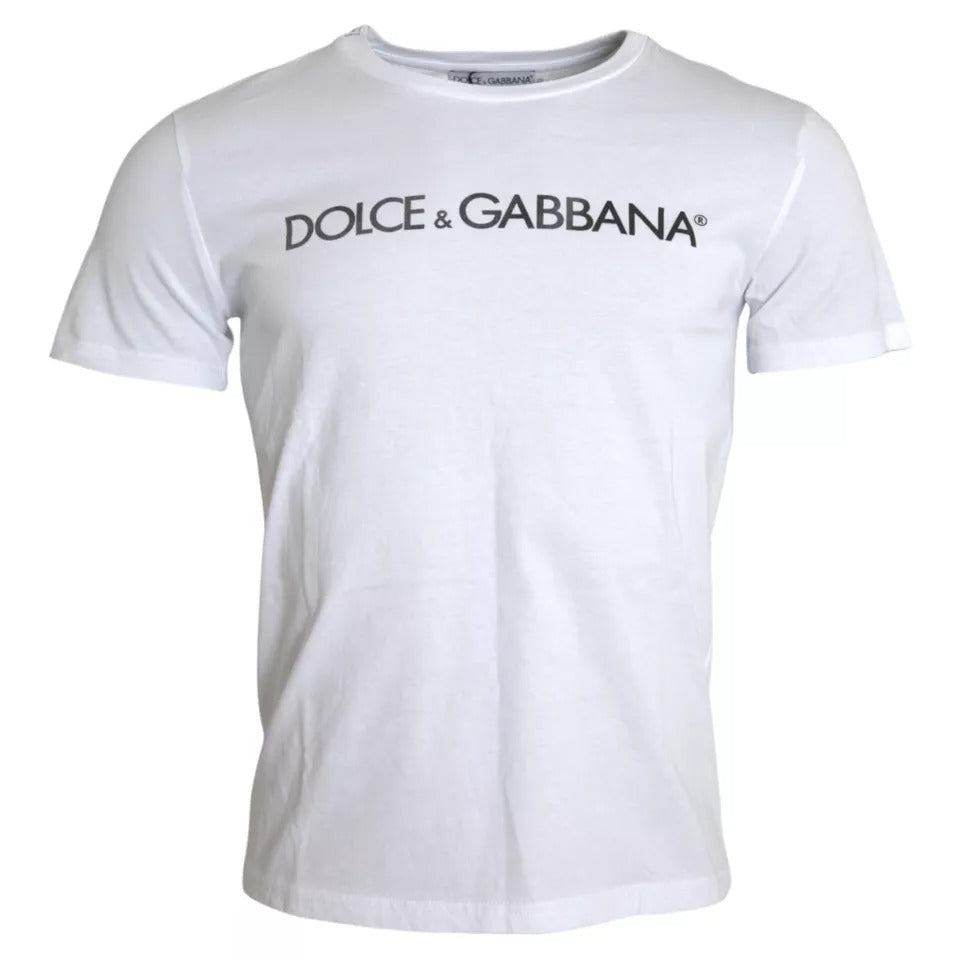 Dolce &amp; Gabbana White Logo Print Cotton Round Neck Men's T-Shirt