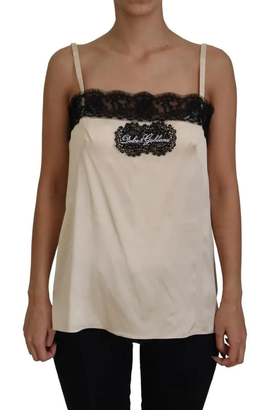 Dolce &amp; Gabbana beige top with spaghetti straps and logo embroidery