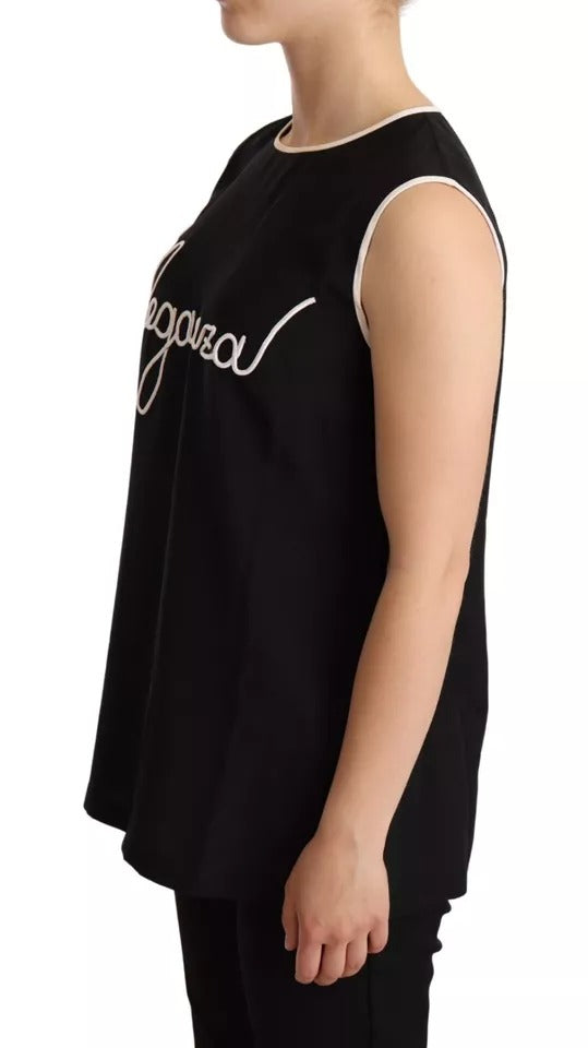 Dolce & Gabbana Schwarzes ärmelloses Tank-Top mit Seiden-Eleganza-Druck