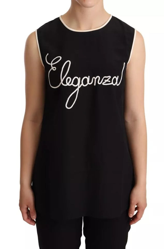 Dolce & Gabbana Schwarzes ärmelloses Tank-Top mit Seiden-Eleganza-Druck