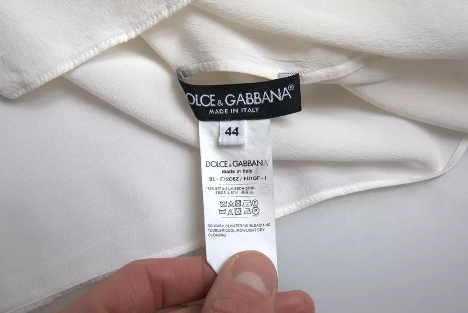 Dolce & Gabbana Weißes geblümtes Seiden-Ascot-Top mit Kragen Bluse