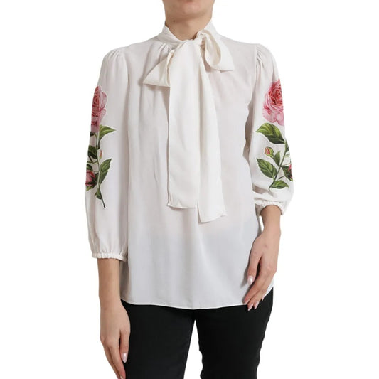 Dolce &amp; Gabbana White Floral Silk Ascot toppi kauluspuserolla