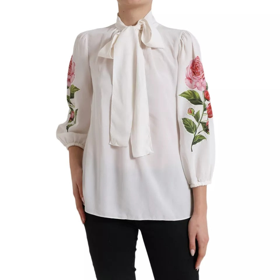 Dolce & Gabbana Weißes geblümtes Seiden-Ascot-Top mit Kragen Bluse