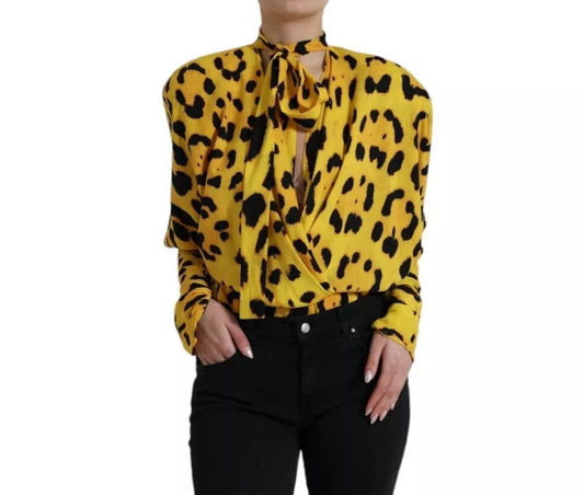 Dolce &amp; Gabbana Yellow Leopard Print Long Sleeve Top Blouse