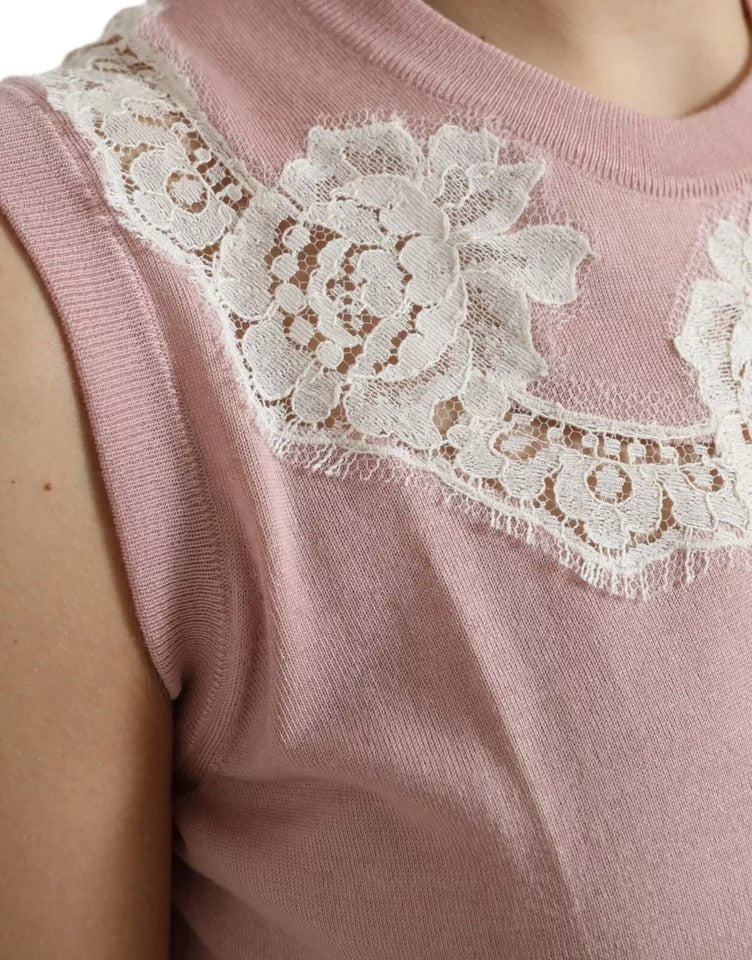 Dolce &amp; Gabbana Pink Cashmere Lace Trim Sleeveless Tank Top