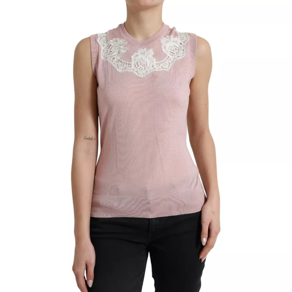 Dolce &amp; Gabbana Pink Cashmere Lace Trim Sleeveless Tank Top