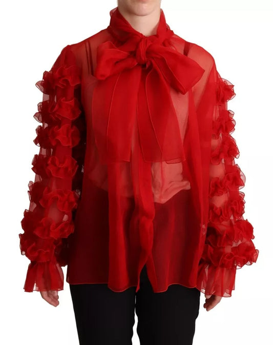 Dolce &amp; Gabbana Red Silk Ascot Collar Ruffle pusero