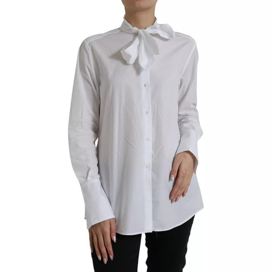 Dolce &amp; Gabbana White cotton top with ascot collar and long sleeves