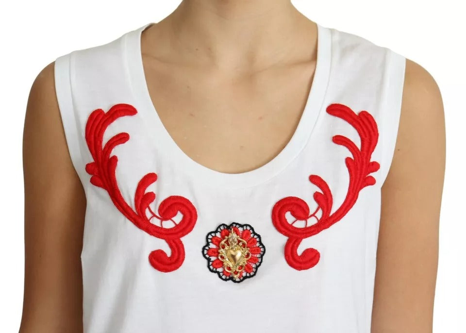 Dolce & Gabbana Weißes ärmelloses Baumwoll-Tank-Top mit Herz-Applikation