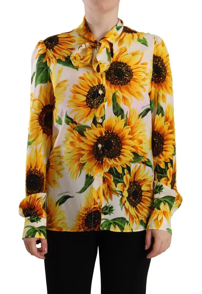 Dolce & Gabbana Weißes Sonnenblumen-Seidenblusentop mit Ascot-Kragen