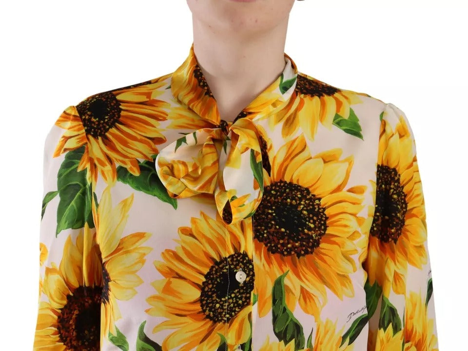 Dolce & Gabbana Weißes Sonnenblumen-Seidenblusentop mit Ascot-Kragen