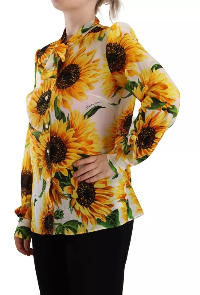 Dolce & Gabbana Weißes Sonnenblumen-Seidenblusentop mit Ascot-Kragen