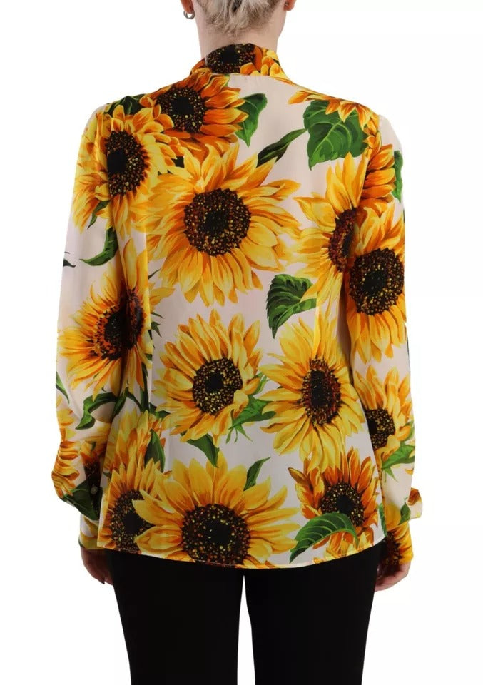 Dolce & Gabbana Weißes Sonnenblumen-Seidenblusentop mit Ascot-Kragen