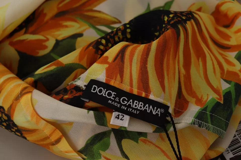 Dolce & Gabbana Weißes Sonnenblumen-Seidenblusentop mit Ascot-Kragen