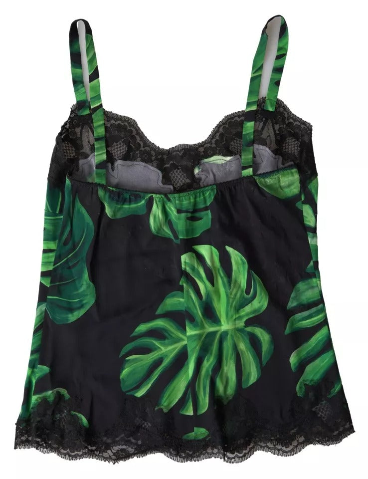 Dolce & Gabbana Schwarzes Seiden-Camisole mit Philodendron-Druck Unterwäsche