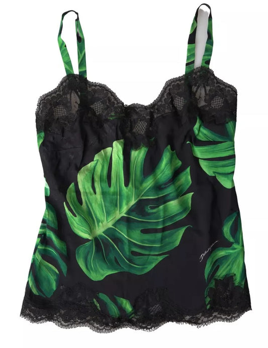 Dolce &amp; Gabbana Black Silk Camisole with Philodendron Print Underwear