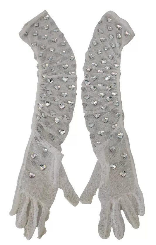 Dolce &amp; Gabbana White Crystal Cotton Tulle Elbow Gloves