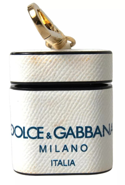 Dolce &amp; Gabbana White Blue Calfskin Logo Print Strap Airpods Case