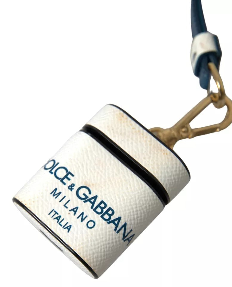 Dolce & Gabbana Weißes blaues Kalbsleder Logo Druck Riemen Airpods Fall