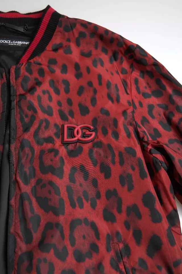 Dolce &amp; Gabbana Red Leopard Bomber Short Coat Jacket