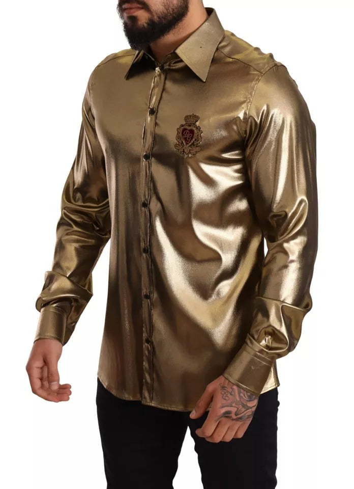 Dolce &amp; Gabbana Metallic Gold DG Brodeerattu Crown Silk Top -paita