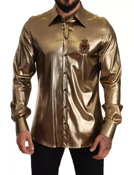 Dolce &amp; Gabbana Metallic Gold DG Embroidered Crown Silk Top Shirt