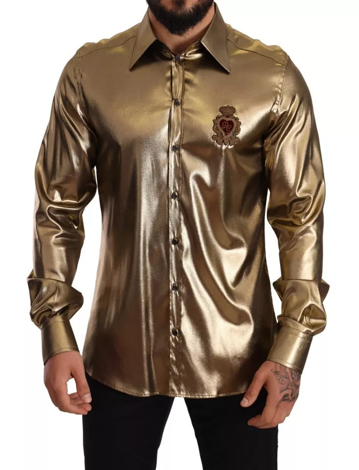 Dolce &amp; Gabbana Metallic Gold DG Brodeerattu Crown Silk Top -paita