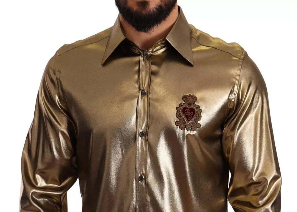 Dolce &amp; Gabbana Metallic Gold DG Brodeerattu Crown Silk Top -paita