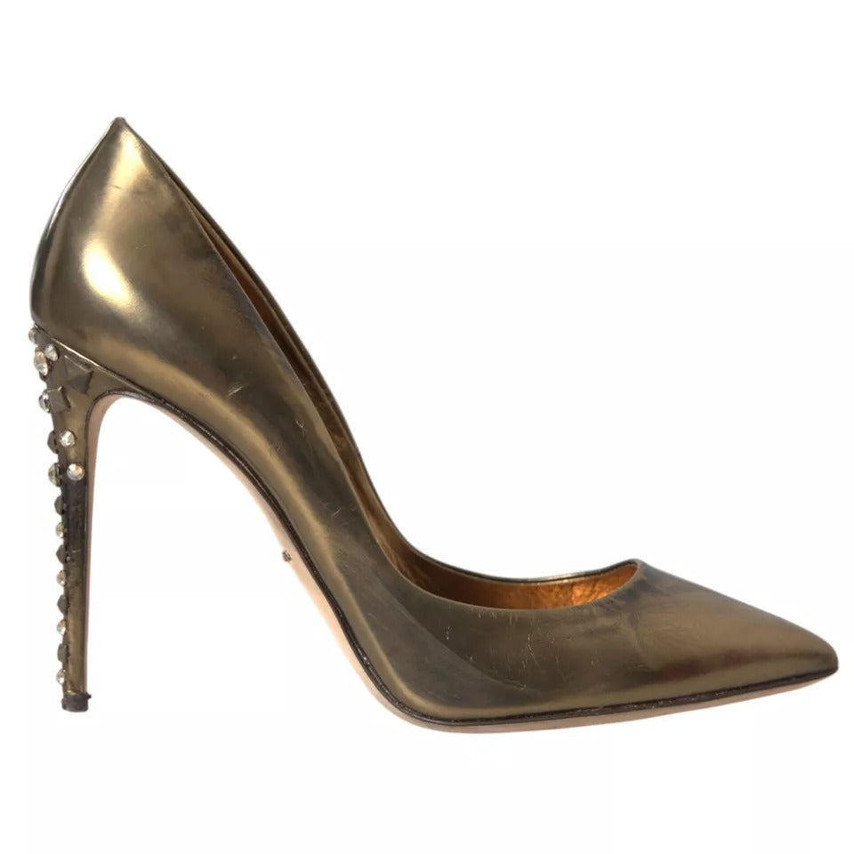 Dolce &amp; Gabbana Bronze Leather Embellished Heels Pumps Shoes