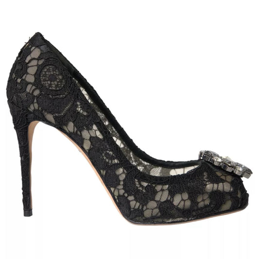 Dolce &amp; Gabbana Mustat Taormina Pointed Crystal Heel Pumps -kengät